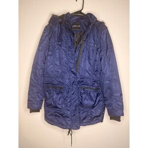 Express Women's Small Navy Blue Hooded Parka Jacket Faux Fur Trim Quilted Coat
